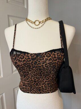 Y2K 2000s Cheetah Leopard Print Lace Trim Corset Camisole Top Size Small